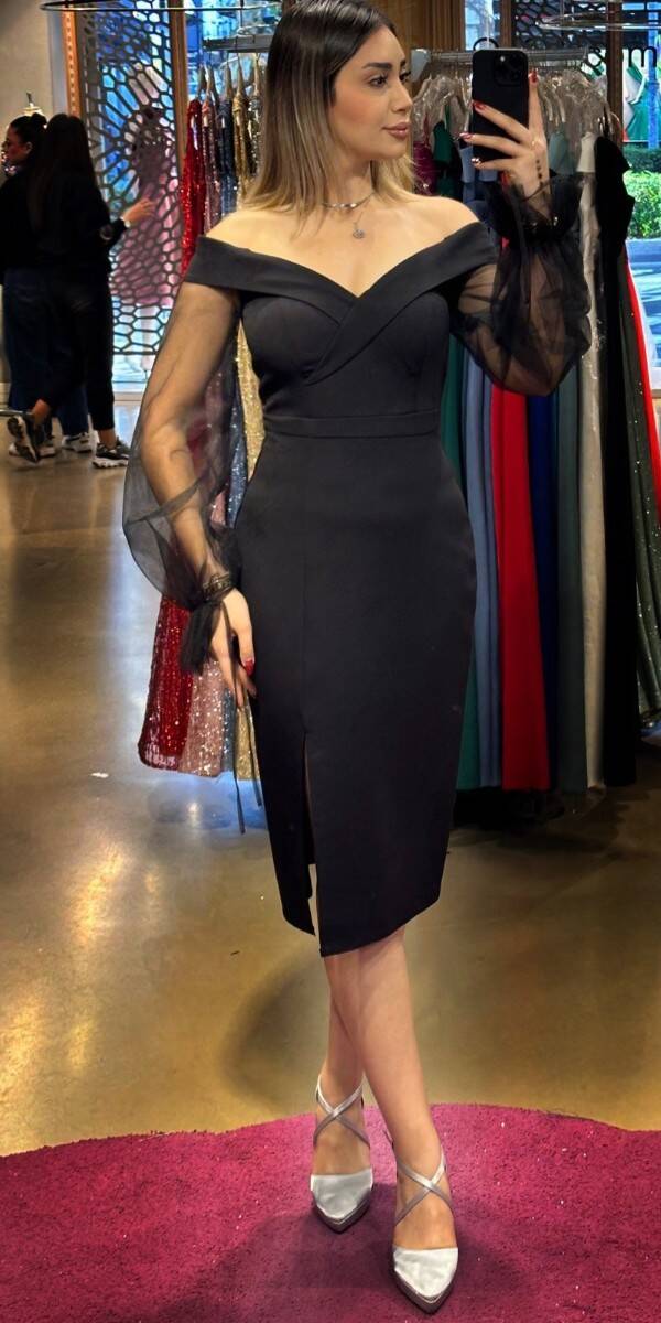 Black Long Sleeve Slit Straight Cut Crepe Midi Evening Dress 7084 - 1