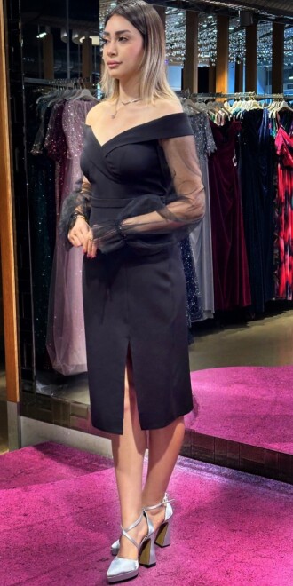 Black Long Sleeve Slit Straight Cut Crepe Midi Evening Dress 7084 - 4