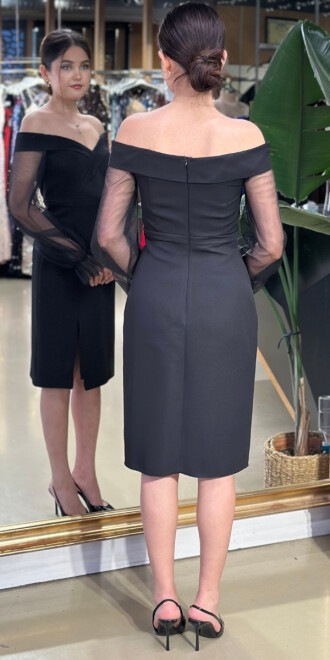 Black Long Sleeve Slit Straight Cut Crepe Midi Evening Dress 7084 - 2