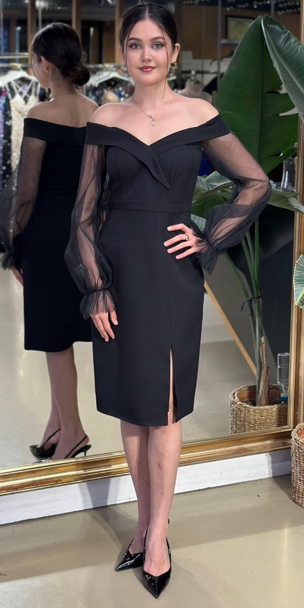 Black Long Sleeve Slit Straight Cut Crepe Midi Evening Dress 7084 - 1