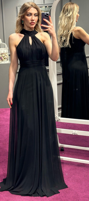 Black Low-Cut Back Flared Skirt Tulle Long Evening Dress 6034 - 1