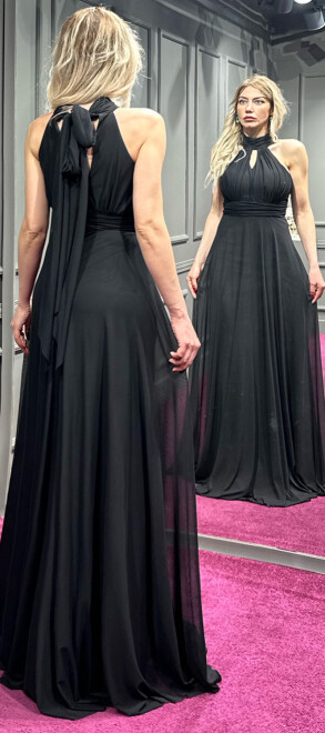 Black Low-Cut Back Flared Skirt Tulle Long Evening Dress 6034 - 5