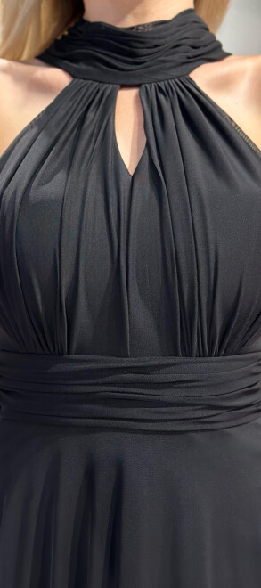 Black Low-Cut Back Flared Skirt Tulle Long Evening Dress 6034 - 4