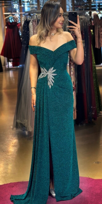 Black Petrol Stone Detailed Slit Straight Cut Glitter Long Evening Dress 7566 