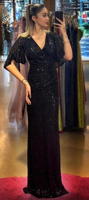 Black Short Sleeve Straight Cut Sequin Long Evening Dress 7572 - abiyeniall