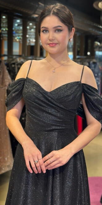 Black Spaghetti Strap Low-Cut Back Wrap Slit Flared Skirt Glitter Long Evening Dress 7633 - 2