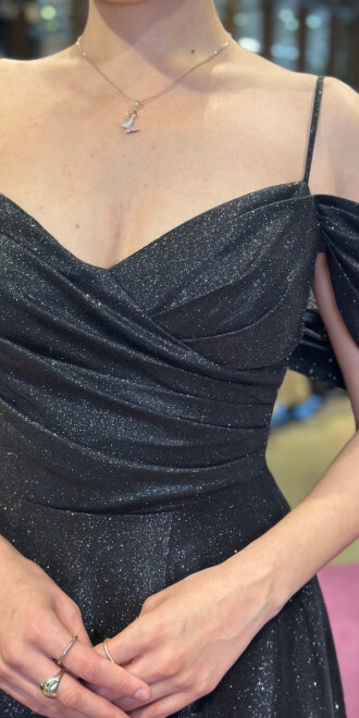 Black Spaghetti Strap Low-Cut Back Wrap Slit Flared Skirt Glitter Long Evening Dress 7633 - 3