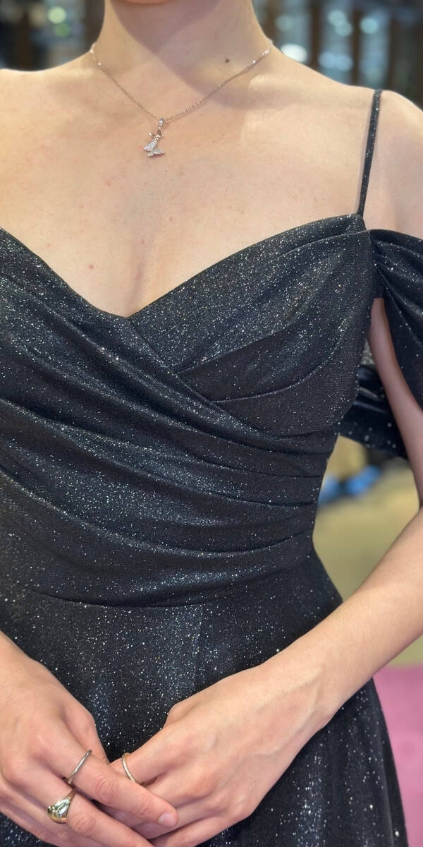 Black Spaghetti Strap Low-Cut Back Wrap Slit Flared Skirt Glitter Long Evening Dress 7633 - 3