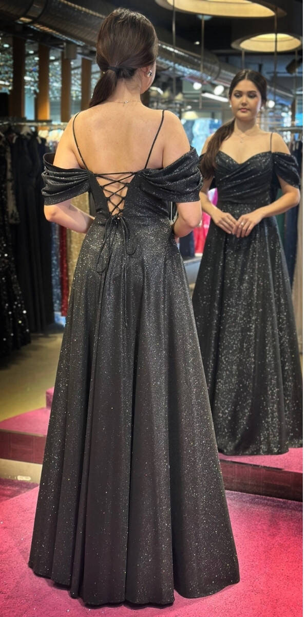 Black Spaghetti Strap Low-Cut Back Wrap Slit Flared Skirt Glitter Long Evening Dress 7633 - 4