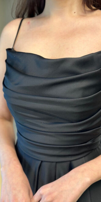 Black Spaghetti Strap Slit Flared Skirt Satin Long Evening Dress 7234 - 4