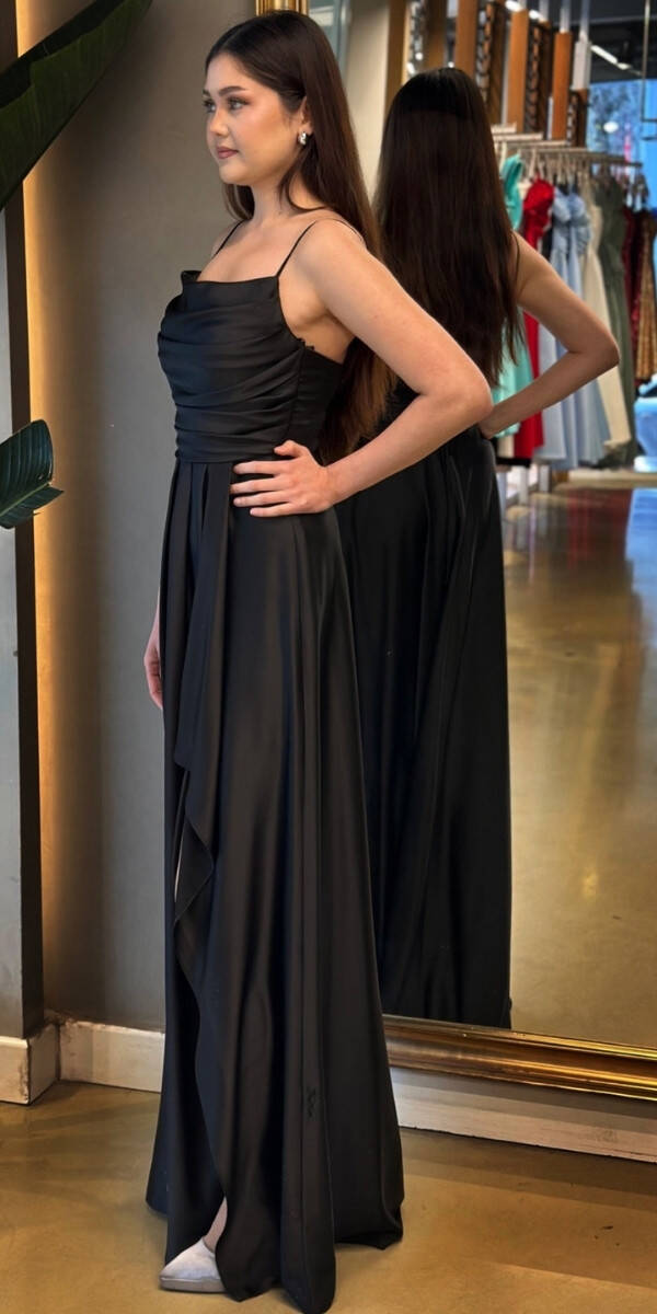 Black Spaghetti Strap Slit Flared Skirt Satin Long Evening Dress 7234 - 3