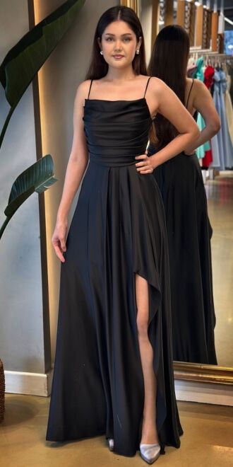 Black Spaghetti Strap Slit Flared Skirt Satin Long Evening Dress 7234 