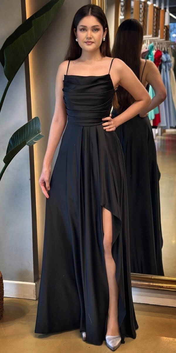Black Spaghetti Strap Slit Flared Skirt Satin Long Evening Dress 7234 - 1