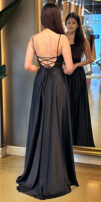 Black Spaghetti Strap Slit Flared Skirt Satin Long Evening Dress 7234 - 5