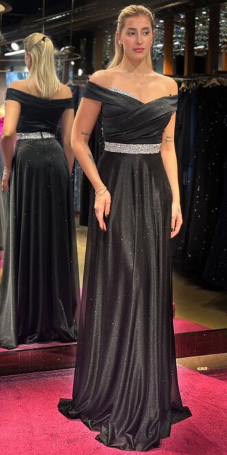 Black Stone Detailed Flared Skirt Glitter Long Evening Dress 7661 - 1