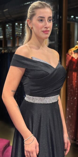 Black Stone Detailed Flared Skirt Glitter Long Evening Dress 7661 - 2