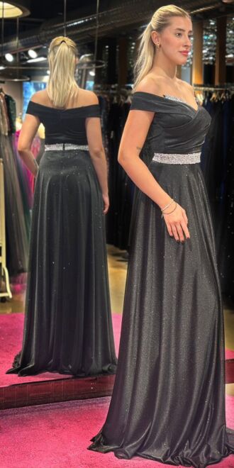 Black Stone Detailed Flared Skirt Glitter Long Evening Dress 7661 - 3