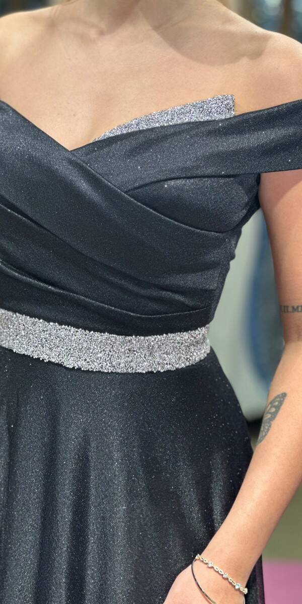 Black Stone Detailed Flared Skirt Glitter Long Evening Dress 7661 - 4