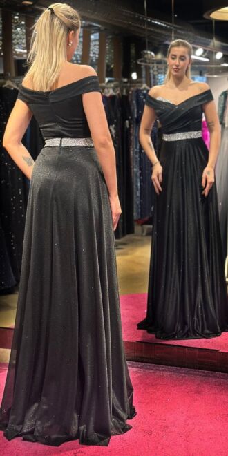 Black Stone Detailed Flared Skirt Glitter Long Evening Dress 7661 - 5