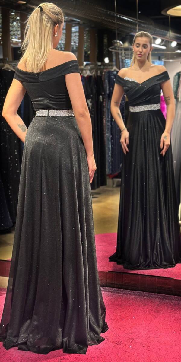 Black Stone Detailed Flared Skirt Glitter Long Evening Dress 7661 - 5