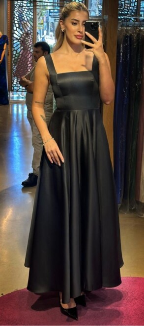 Black Thick Strap Flared Skirt Satin Midi Evening Dress 7631 - abiyeniall