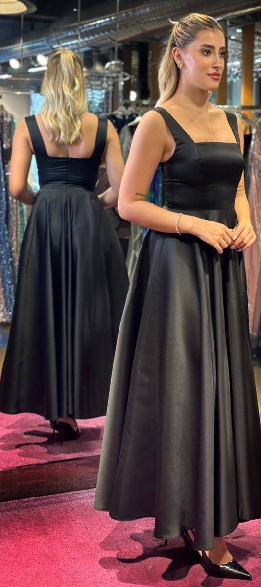 Black Thick Strap Flared Skirt Satin Midi Evening Dress 7631 - 3