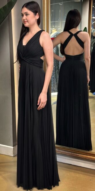 Black Thick Strap Low-Cut Back Flared Skirt Chiffon Tulle Long Evening Dress 7645 - 3