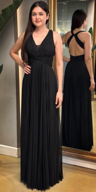 Black Thick Strap Low-Cut Back Flared Skirt Chiffon Tulle Long Evening Dress 7645 - 1