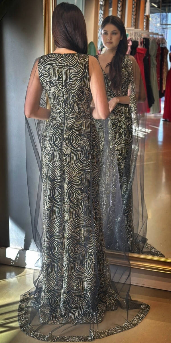 Black Thick Strap Straight Cut Glitter Long Evening Dress 7552 - 4