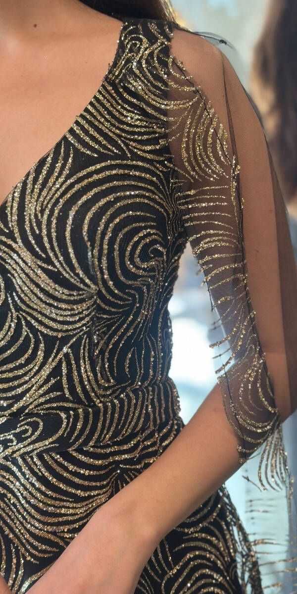 Black Thick Strap Straight Cut Glitter Long Evening Dress 7552 - 3