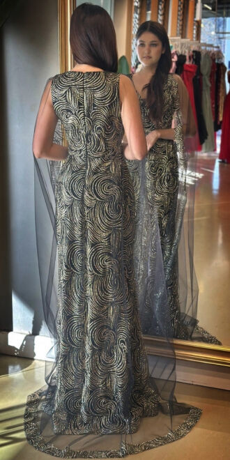 Black Thick Strap Straight Cut Glitter Long Evening Dress 7552 - 4