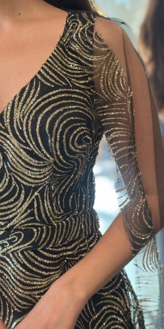 Black Thick Strap Straight Cut Glitter Long Evening Dress 7552 - 3