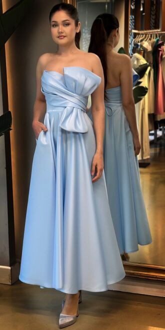 Blue Flared Skirt Satin Midi Evening Dress 7657 - abiyeniall