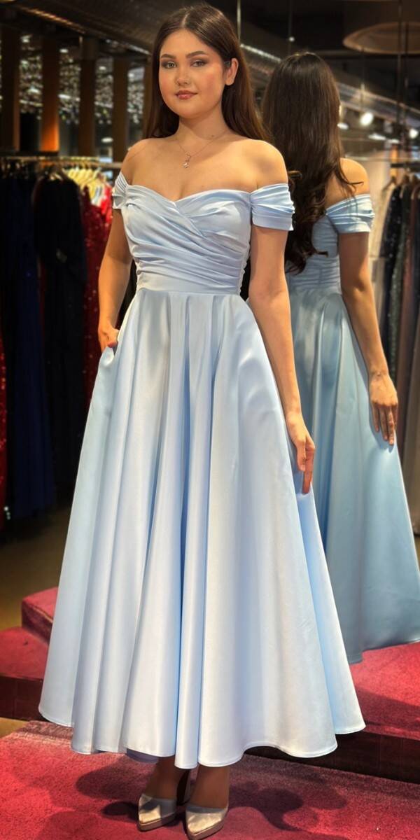 Blue Flared Skirt Satin Midi Evening Dress 7672 - 1