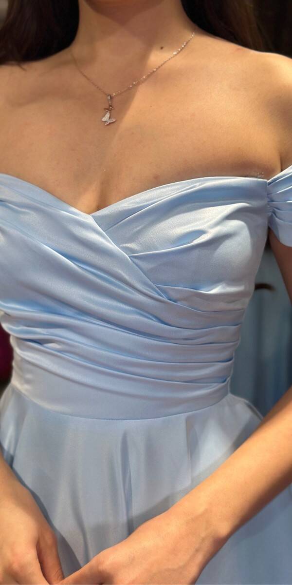 Blue Flared Skirt Satin Midi Evening Dress 7672 - 4