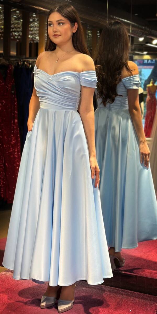 Blue Flared Skirt Satin Midi Evening Dress 7672 - 3