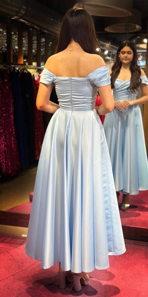 Blue Flared Skirt Satin Midi Evening Dress 7672 - 5