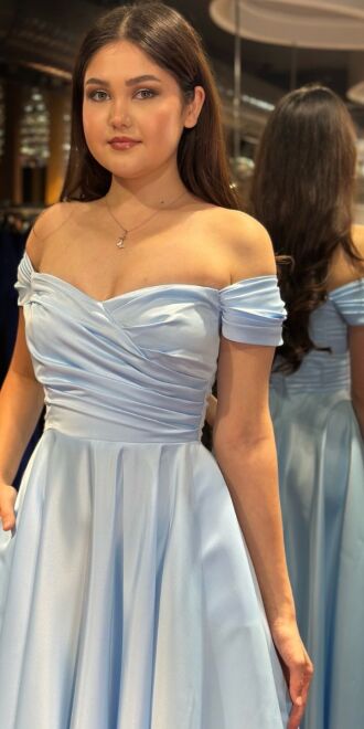 Blue Flared Skirt Satin Midi Evening Dress 7672 - 2