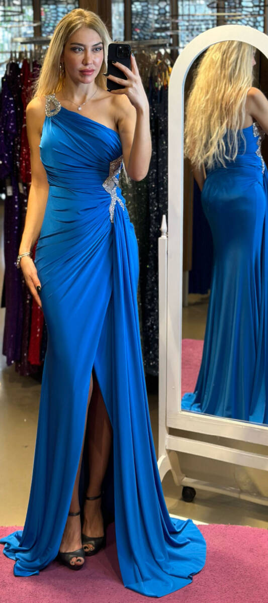 Blue One Shoulder Stone Detailed Wrap Slit Lycra Long Evening Dress 7414