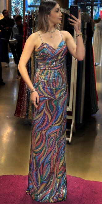 Blue Spaghetti Strap Low-Cut Back Straight Cut Patterned Long Evening Dress 7639 
