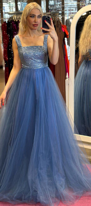 Blue Thick Strap Flared Skirt Tulle Long Evening Dress 7391 - abiyeniall