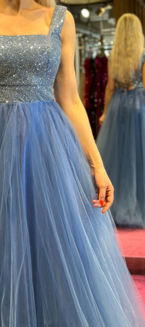 Blue Thick Strap Flared Skirt Tulle Long Evening Dress 7391 - 5