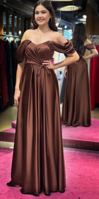 Brown Flared Skirt Satin Long Evening Dress 7350 