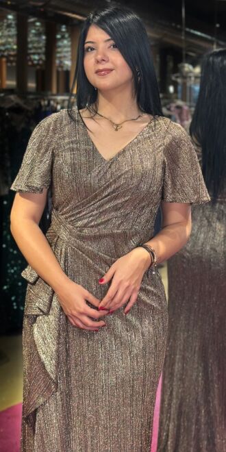 Brown Short Sleeve Slit Straight Cut Glitter Long Evening Dress 7653 - 2