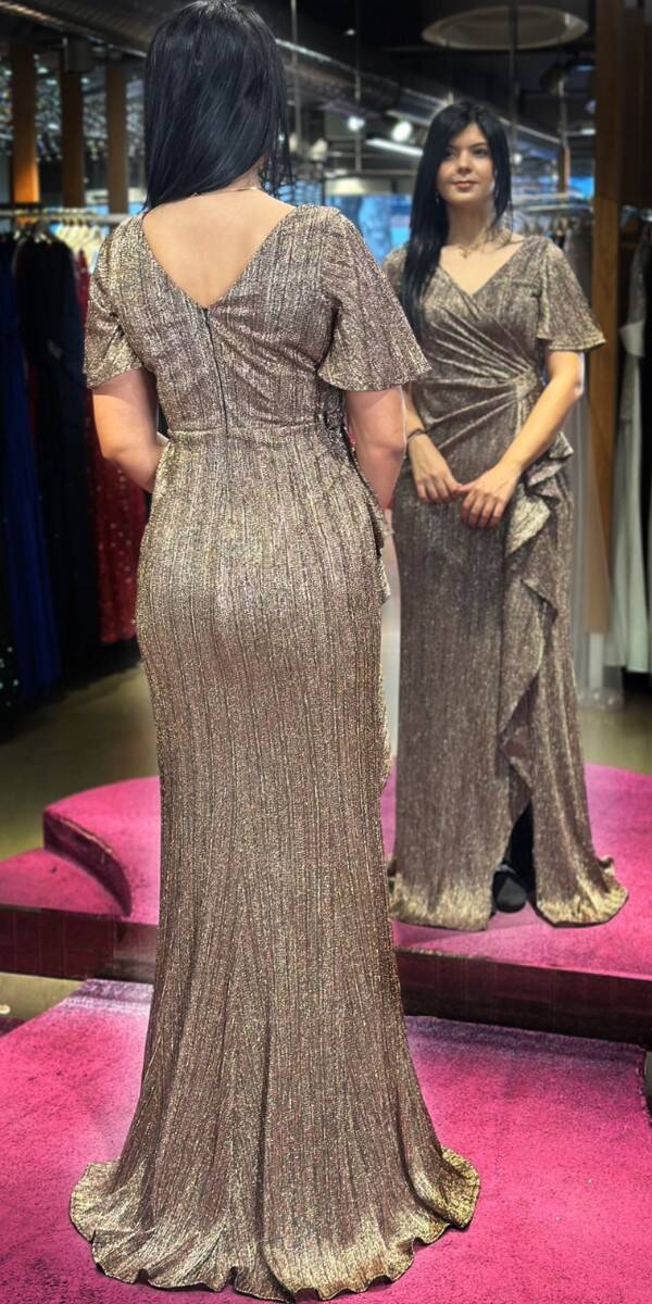 Brown Short Sleeve Slit Straight Cut Glitter Long Evening Dress 7653 - 5