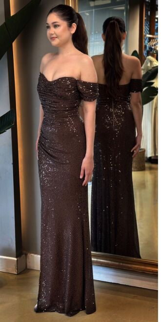 Brown Slit Straight Cut Sequin Long Evening Dress 7379 - 3