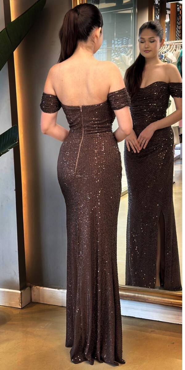 Brown Slit Straight Cut Sequin Long Evening Dress 7379 - 5