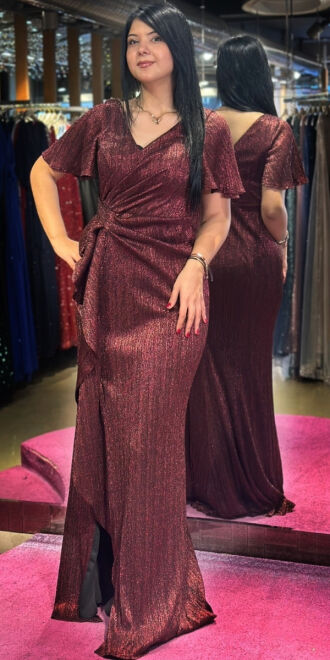 Burgundy Short Sleeve Slit Straight Cut Glitter Long Evening Dress 7653 