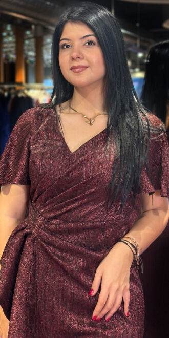 Burgundy Short Sleeve Slit Straight Cut Glitter Long Evening Dress 7653 - 2