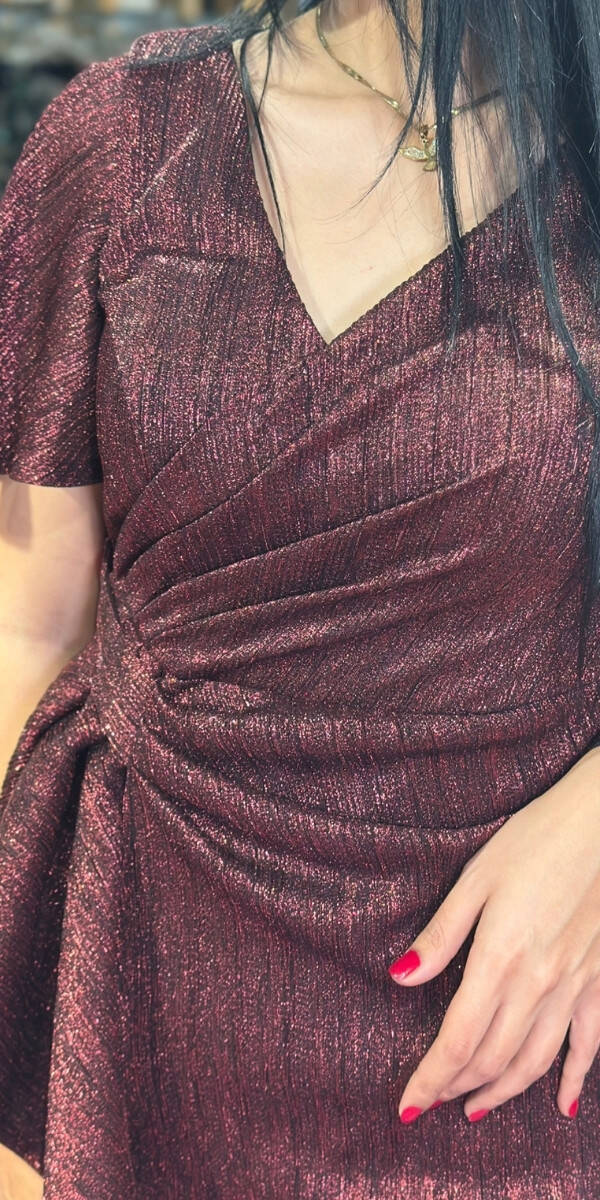 Burgundy Short Sleeve Slit Straight Cut Glitter Long Evening Dress 7653 - 4